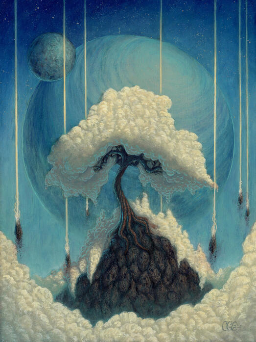 Fantasy illustration of a tree made of clouds on top of a mountain, with a planet and its moon in the background sky by Cédric Godin Olicard.