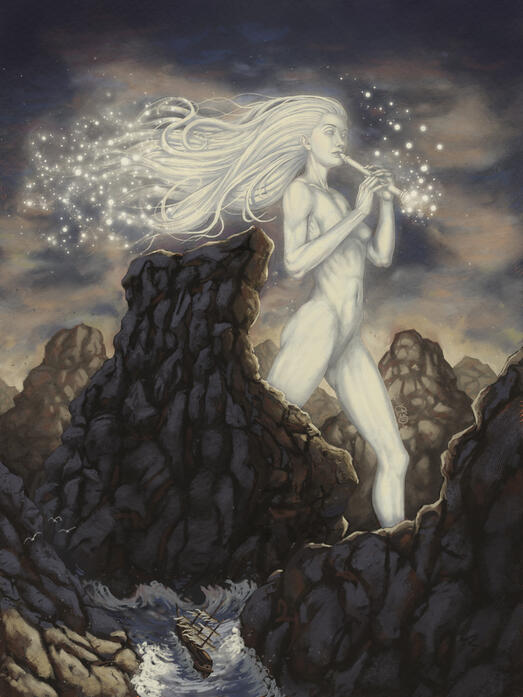Fantasy illustration of a giant goddess made of light playing a flute in a rocky environment by Cédric Godin Olicard.